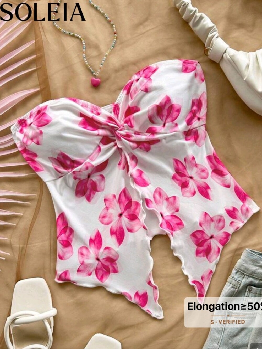 Pink Floral Twist-Front Strapless Crop Top